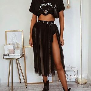 Black mesh belted skirt with nude underlay